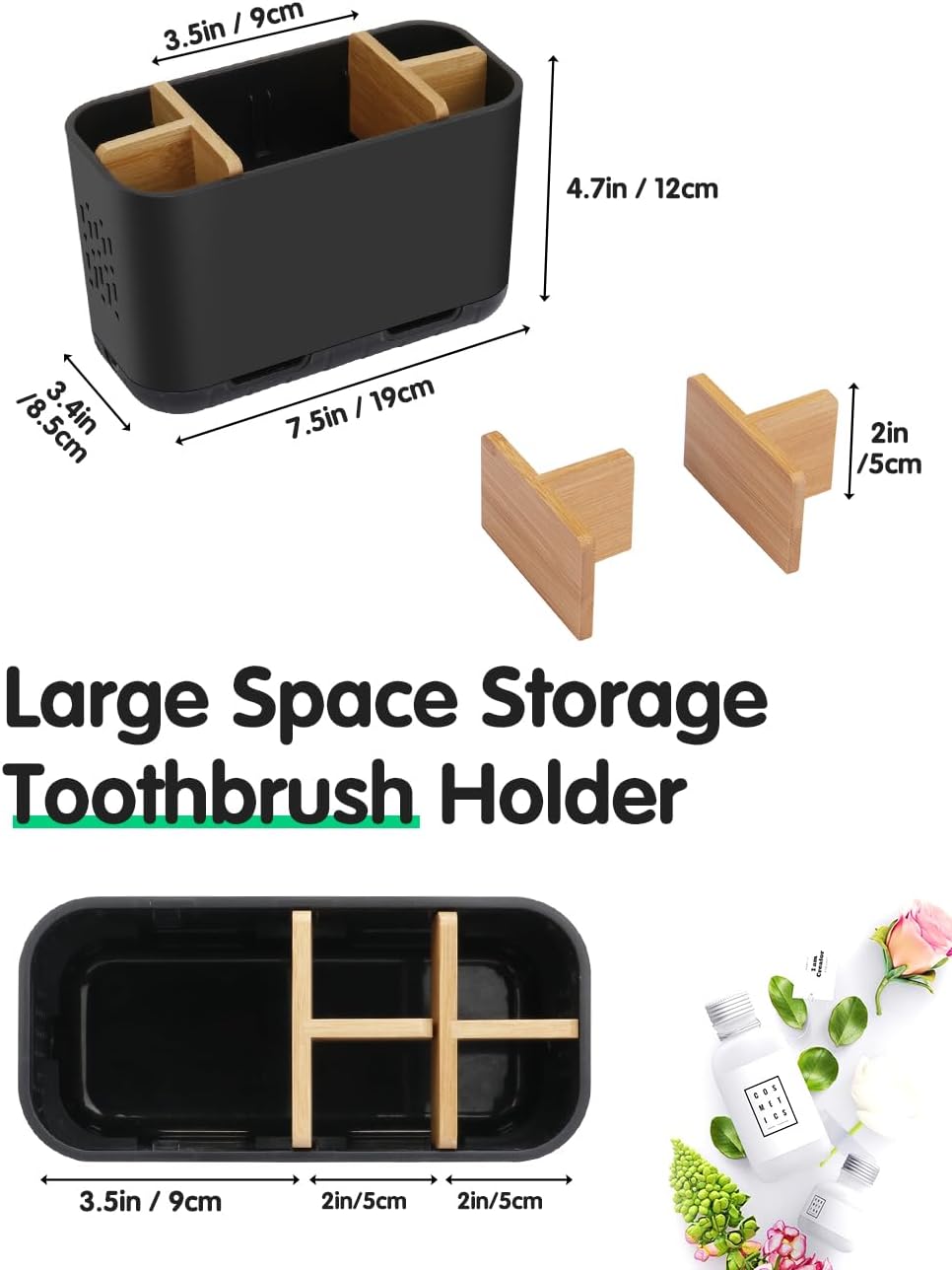 GFWARE Black Toothbrush Holder with Drainage, Bathroom Organizer, Large