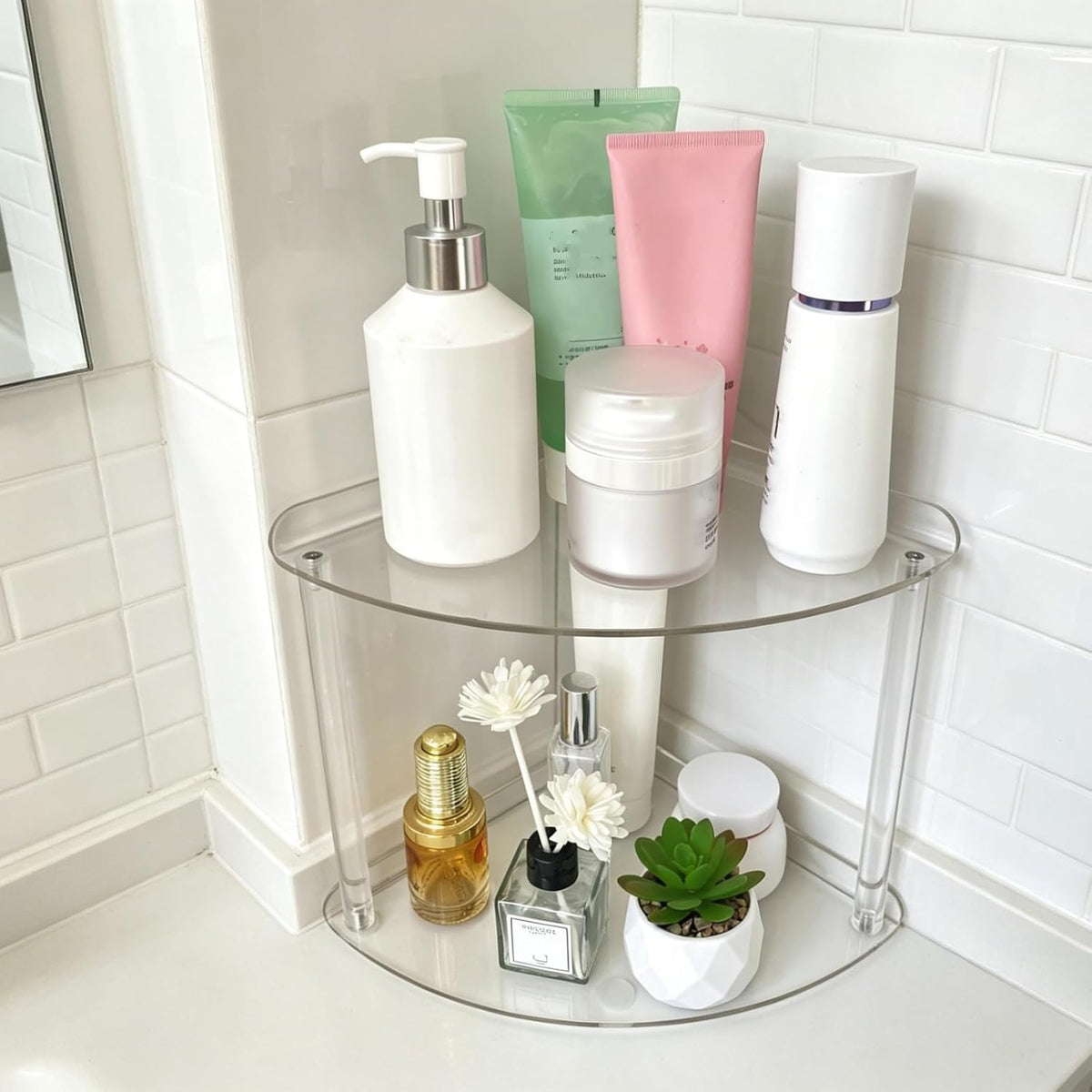 2 Tier Acrylic Bathroom Counter Organizer Corner Storage Shelf Vanity Trays