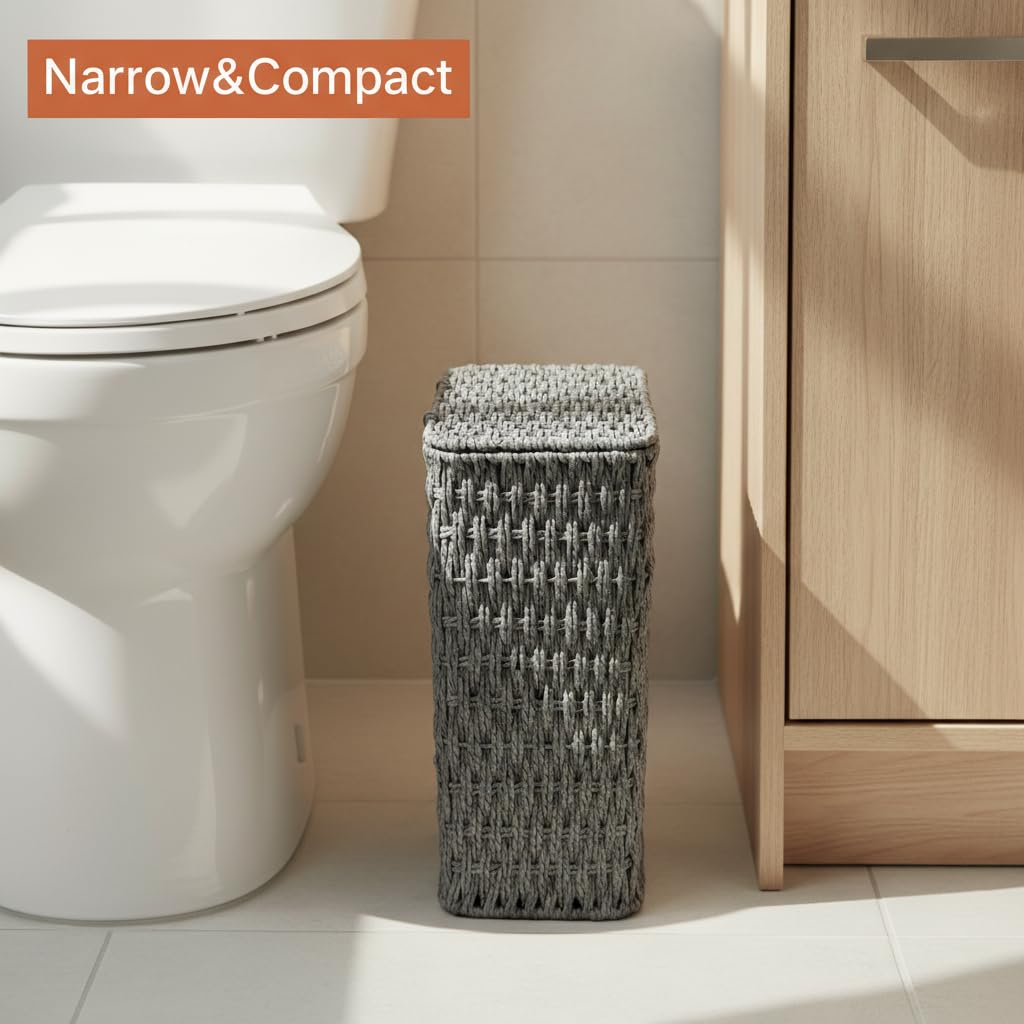 Coeusy 3 Gallon Paper Rope Bathroom Trash Can,Small Wicker Trash Cans with Lid and Liner,Woven Rattan Narrow Waste Basket for Bedroom,Office,Grey