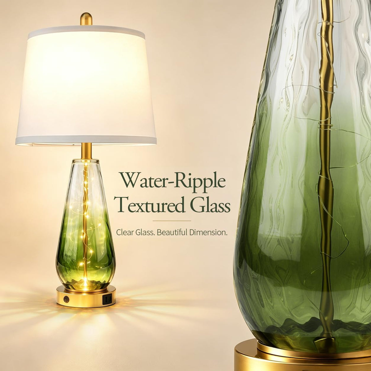 27" Green Glass Table Lamps Set of 2, Coastal Lamp for Living Room