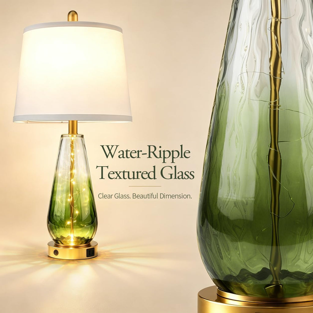 Table Lamp for Living Room, 27'' Green Glass Coastal Modern Lamp