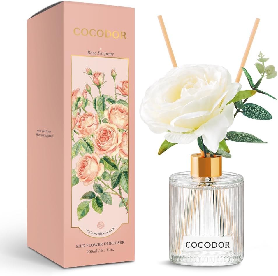 COCODOR Silk Flower Reed Diffuser Set, Rose Perfume, 6.7 oz, Home Décor
