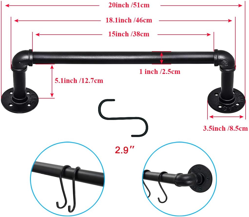 TLBTEK 20 inch Industrial Pipe Clothes Rack,Black Iron Bathroom Kitchen Towel Bar,Vintage Farmhouse DIY Wall Mounted Pot Bar Rack, Detachable Kitchen Utensils Hanger with 8 pcs S Hooks