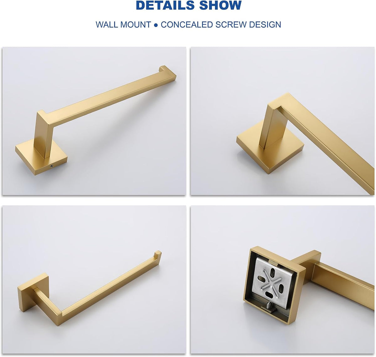 TASTOS Premium Stainless Steel Hand Towel Holder, Square Hand Towel Ring Heavy Duty Wall Mounted Modern Hand Towel Bar for Bathroom Kitchen, Brushed Gold