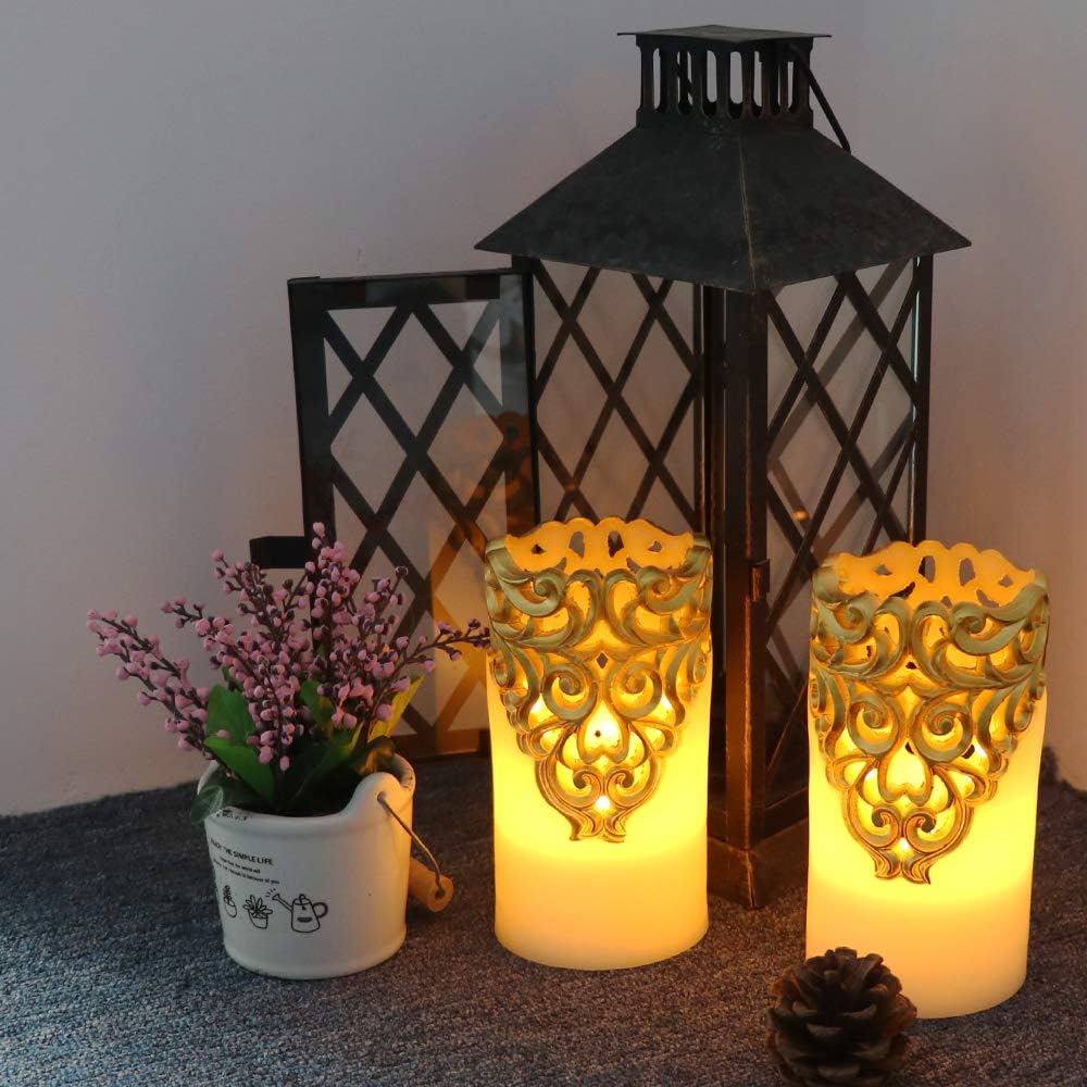 Eldnacele Gold Hollow Flameless Pillar Candles with 5H Timer