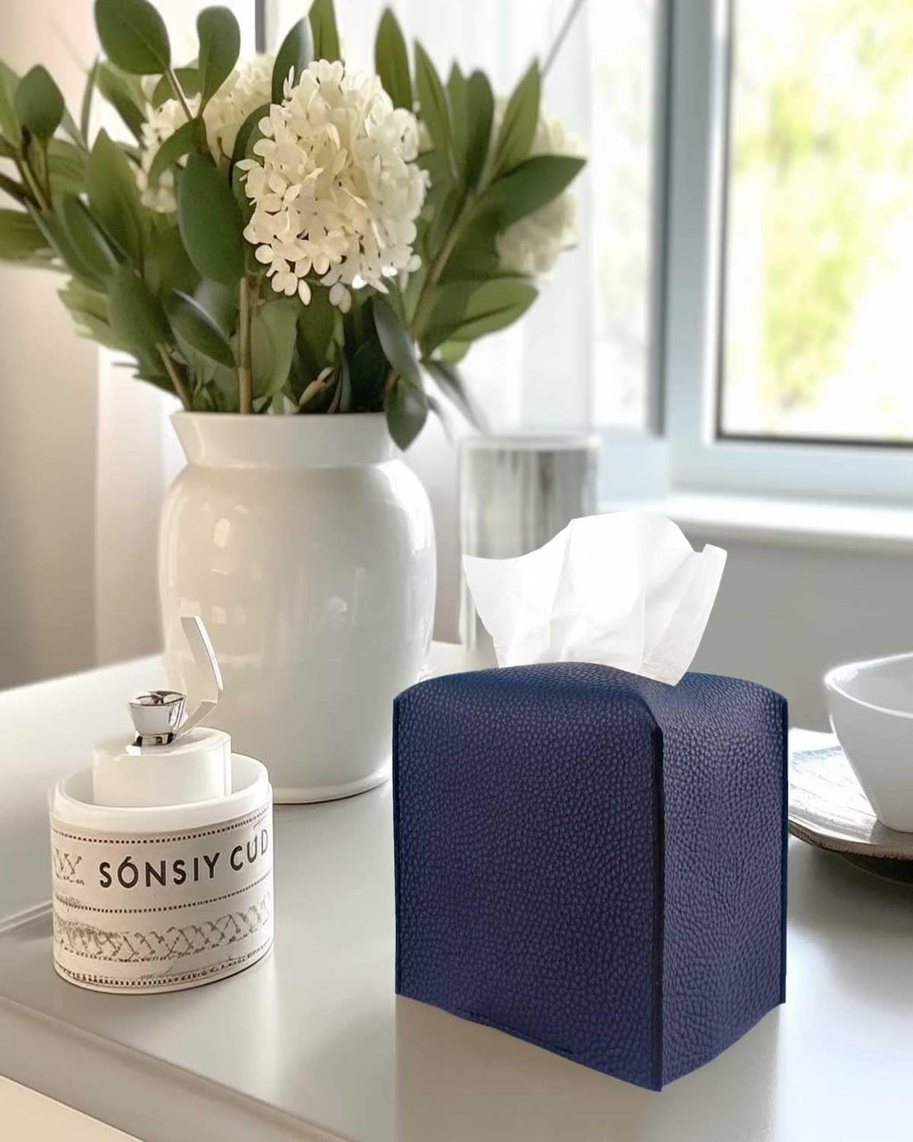 Tissue Box Cover Square Leather – Tissue Box Holder with Bottom Belt [JESMINI, Navy Blue] Decorative Cube Tissue Holder for Bathroom