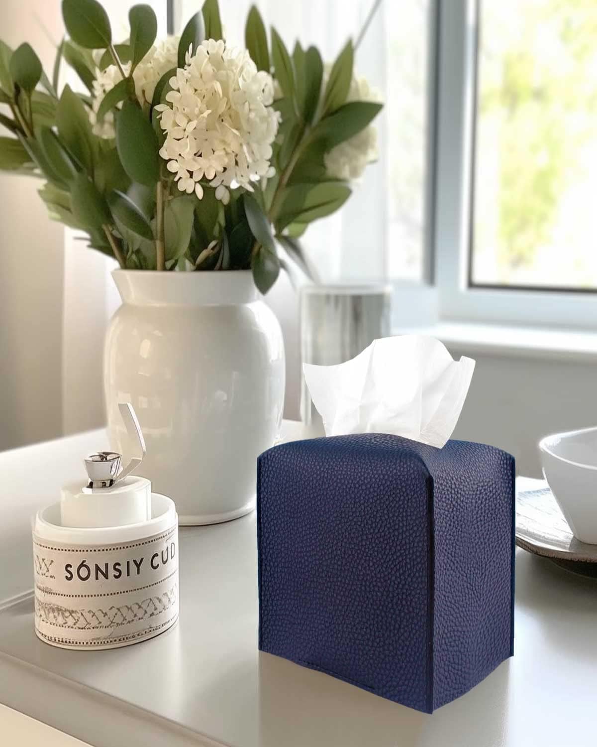 Tissue Box Cover Square Leather – Tissue Box Holder with Bottom Belt [JESMINI, Navy Blue] Decorative Cube Tissue Holder for Bathroom