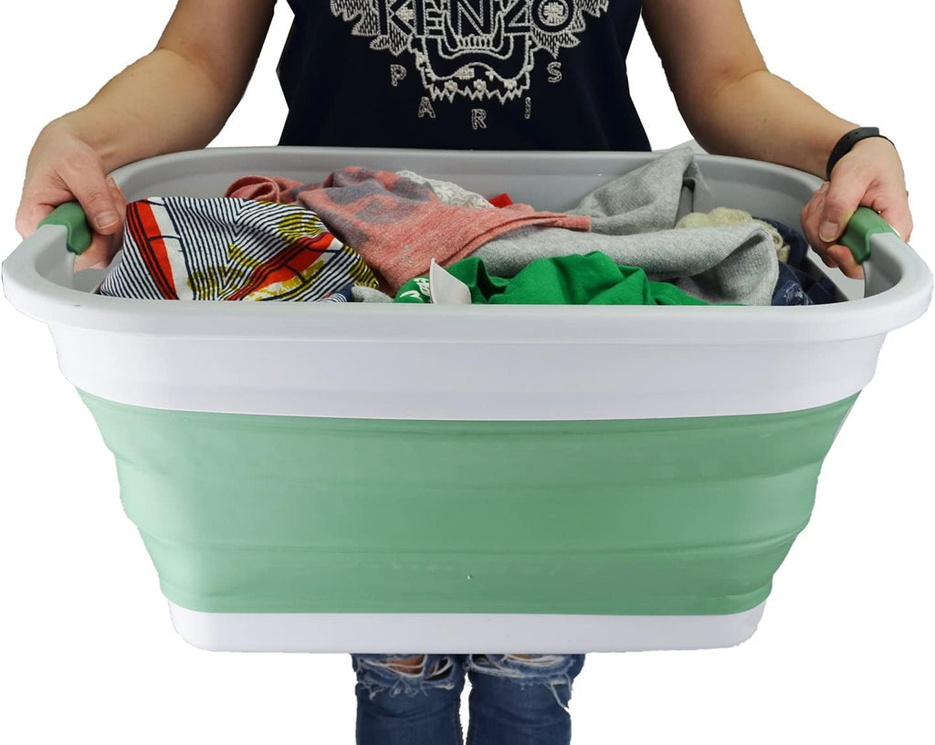 SAMMART 36L (9.5 gallon) Collapsible Plastic Laundry Basket - Foldable Pop Up Storage Container/Organizer - Portable Washing Tub - Space Saving Hamper/Basket (Grey/Dark Sea Green (Set of 2))