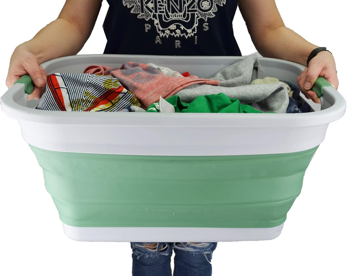 SAMMART 36L (9.5 gallon) Collapsible Plastic Laundry Basket - Foldable Pop Up Storage Container/Organizer - Portable Washing Tub - Space Saving Hamper/Basket (Grey/Dark Sea Green (Set of 2))