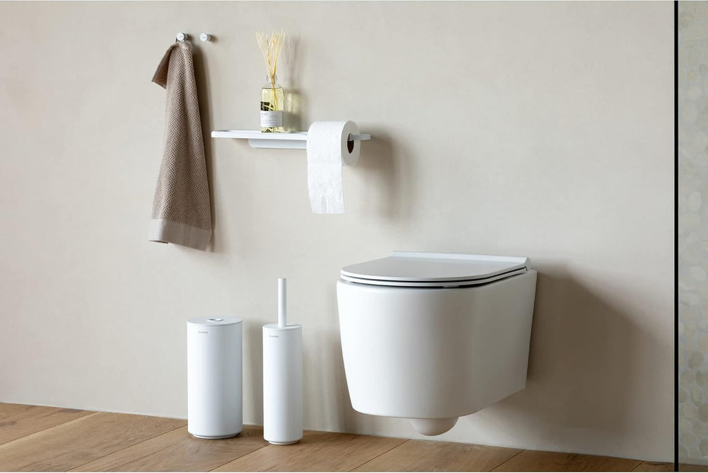 Brabantia Mindset Toilet Roll Dispenser (Mineral Fresh White) Anti-Rust, Discreet Bathroom Tissue Holder, 2 Spare Rolls (Ø 5.37") Wall-Mountable Tidy Storage
