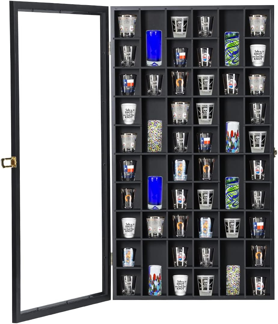 Shot Glass Storage Display Case Large 52-Slot Wooden Cabinet Rack Holder