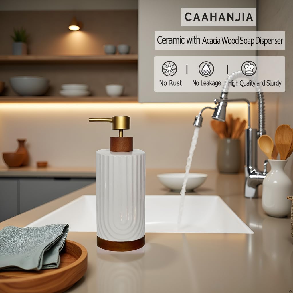 White Soap Dispenser,Ceramic with Wood Hand Soap Dispenser, 16oz Refillable Liquid Bottle, for Modern Home Decor, Bathroom, Kitchen Countertop, Hotel (White)