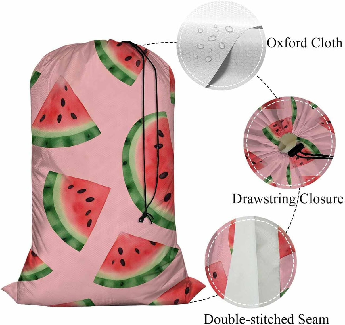 Swono Heavy Duty Laundry Drawstring Bag with Strap Juicy Watermelon, Tropical Exotic Fresh Fruits 28 x 40 Inch, Oxford Cloth Travel Dirty Clothes Bag for Laundromat and Household, Pink