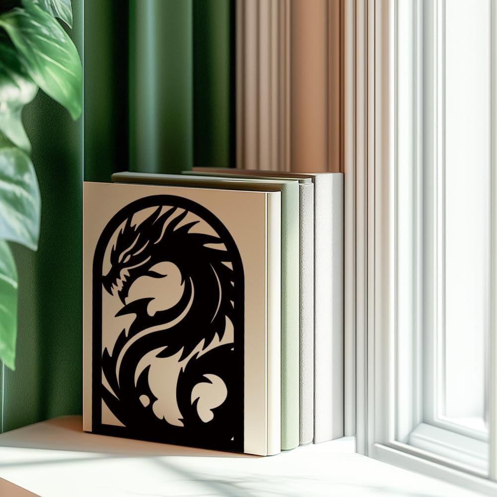 INFUNLY 1 Pair Dragon Book Ends for Shelves Loong Non-Skid Metal Bookshelf Holder Stand Black Book Stopper Support for Desktop 7.1x4.7x3.5 for Home Office Library School Kitchen Decor