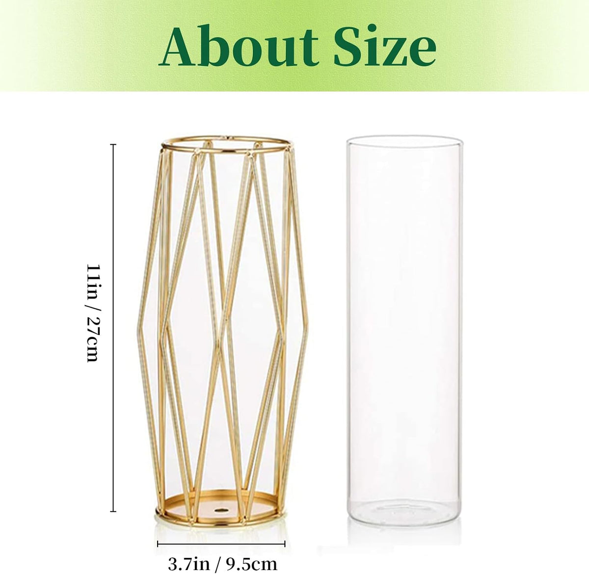Gold Modern Flower Vases for Centerpieces – Hewory 11Inch Glass Vase with Metal Stand Set of 2, Wide Big Tall Geometric Vases for Flowers, Flower Holders for Wedding Home Decor (Large,2pcs)