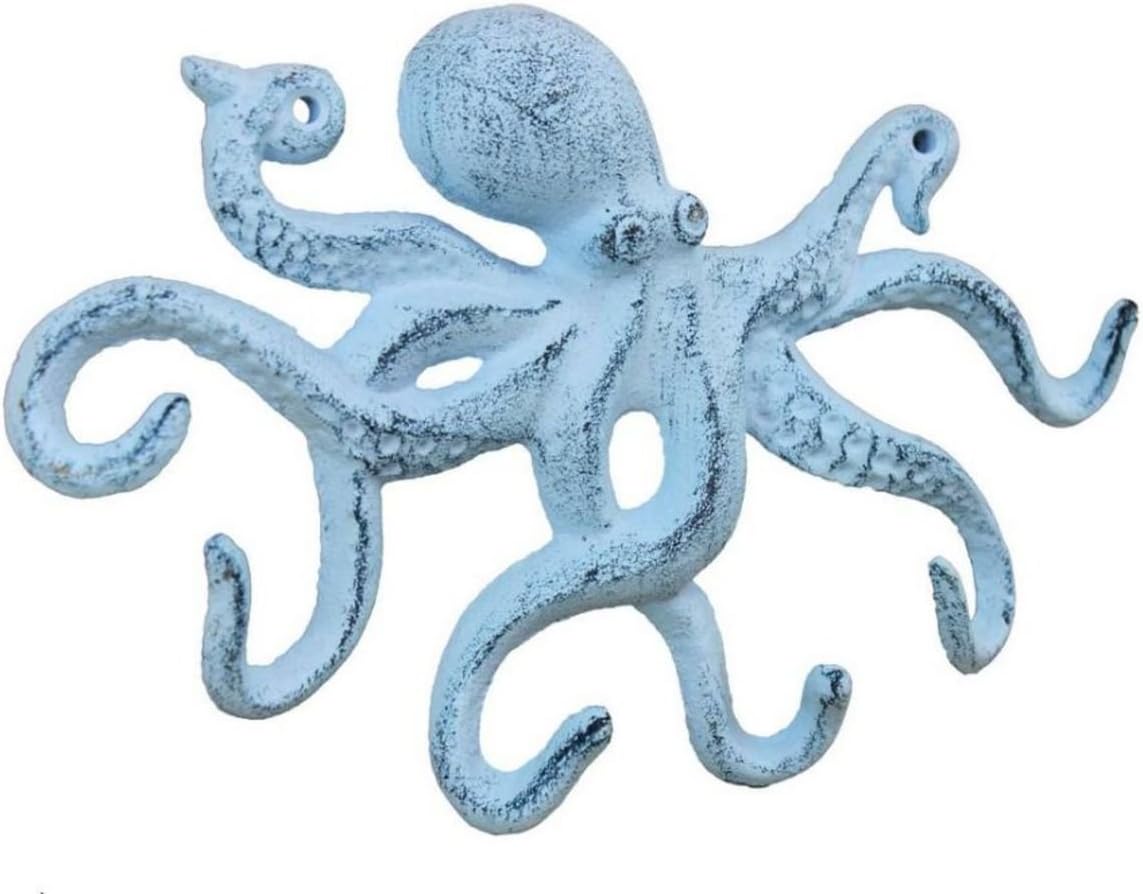 Rustic Dark Blue Whitewashed Cast Iron Octopus Hook 11 Inch - Decorative Hook - Sealife Metal Wall Hook