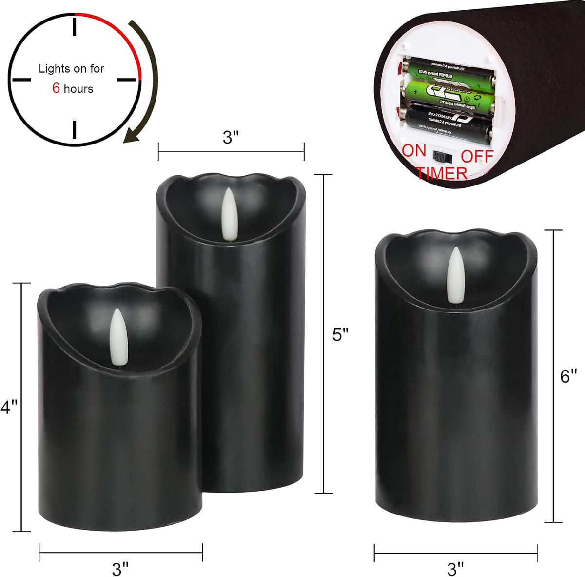 Halloween Black Flameless LED Pillar Candles Flickering with Timer