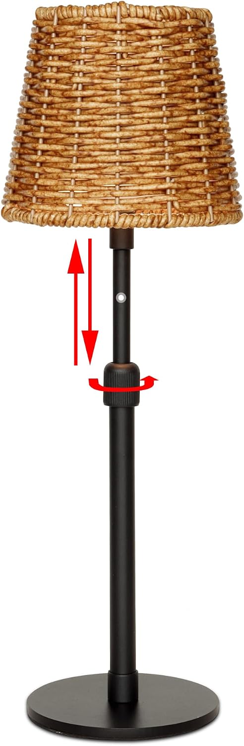 Mr.White Outdoor Waterproof Rechargeable Cordless Table Lamp with Wicker Shade, 5200mAh Battery Operated Table Light with Telescopic Pole, for Patio Restaurant Kitchen (Black)
