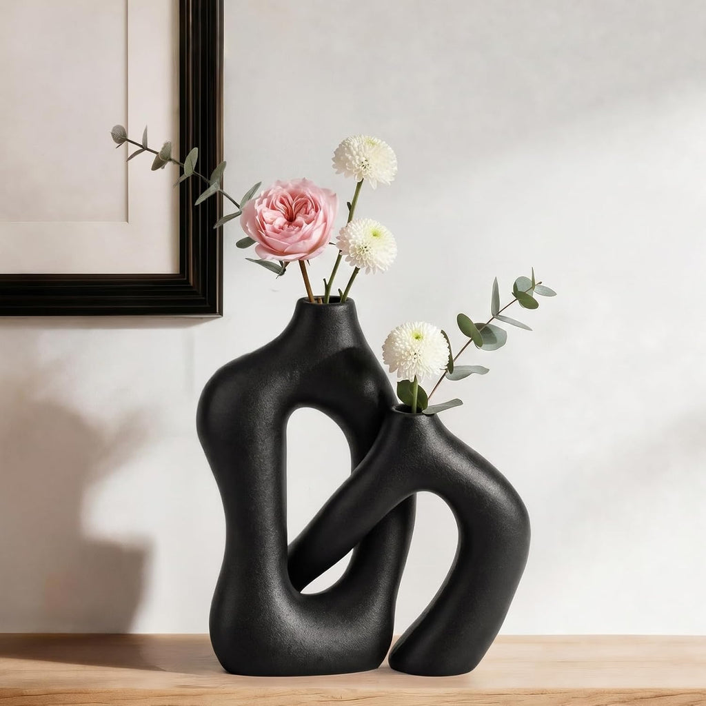 Dowan Black Vases for Decor,Hollow Ceramic Vase Set of 2,8.3" Nordic Modern Boho ins Style Decorative Ceramic Aesthetic Flower Vase for Home Decor Modern Minimalist Table, Entryway Centerpieces