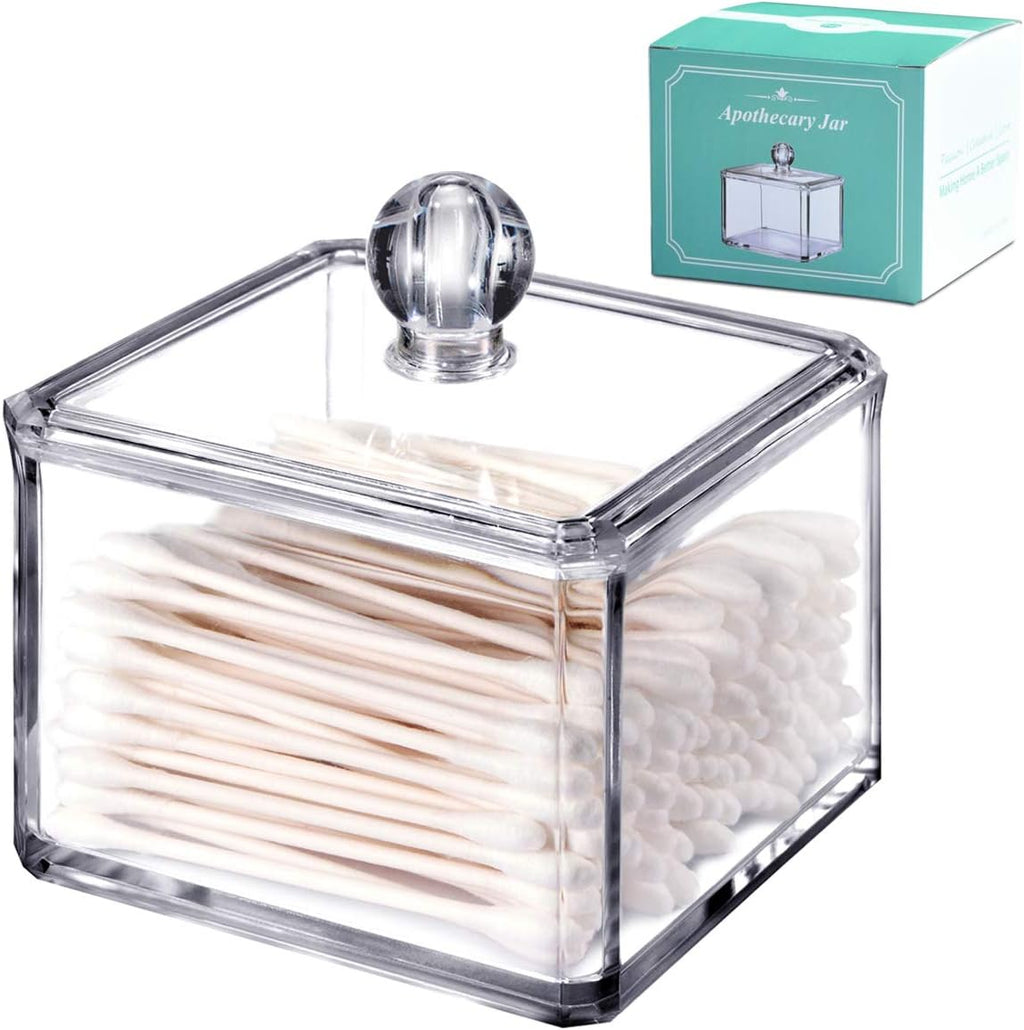 SheeChung Square Acrylic Qtip Holder, 1 Pack Bathroom Canisters with Lid