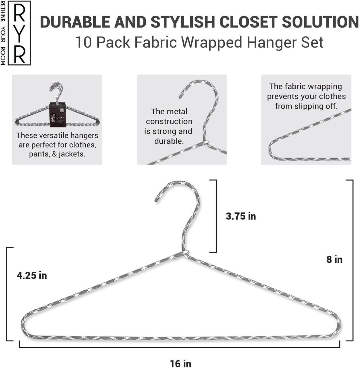 Clothes Hangers 30 Pack – Space Saving Fabric & Metal Hangers, Non-Slip Pant & Coat Hangers, Room Essentials, Closet, Durable Wardrobe Storage for Shirts, Suits & Pants – Grey/White