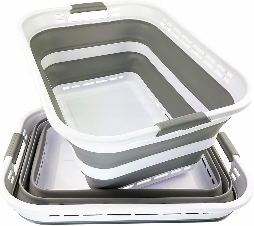 SAMMART 42L (11 Galloons) Collapsible Plastic Laundry Basket - Foldable Pop Up Storage Container/Organizer - Portable Washing Tub - Space Saving Hamper/Basket [BPA Free] (White/Grey (Set of 2))