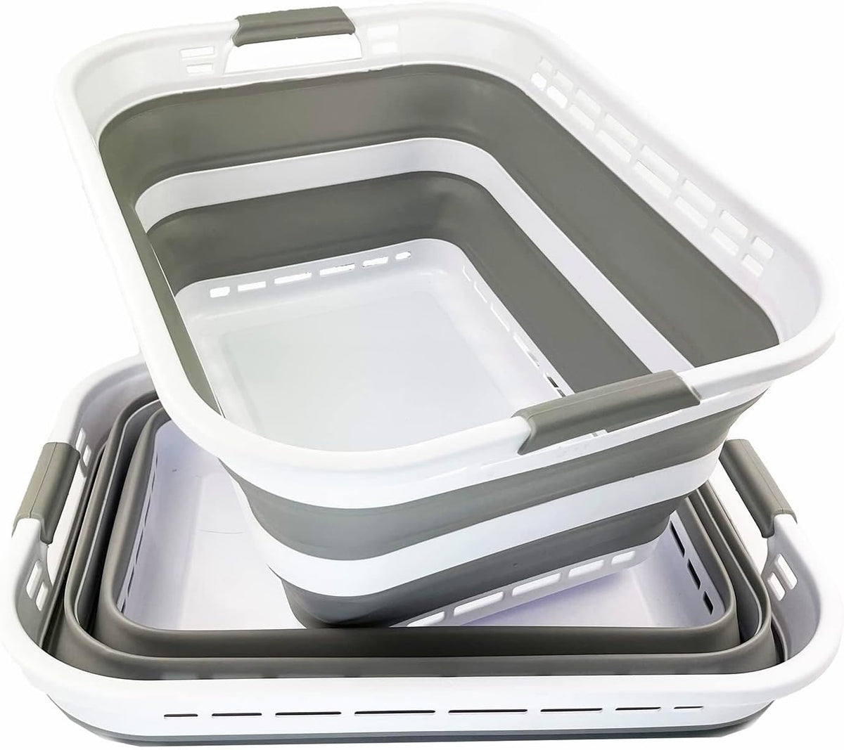 SAMMART 42L (11 Galloons) Collapsible Plastic Laundry Basket - Foldable Pop Up Storage Container/Organizer - Portable Washing Tub - Space Saving Hamper/Basket [BPA Free] (White/Grey (Set of 2))