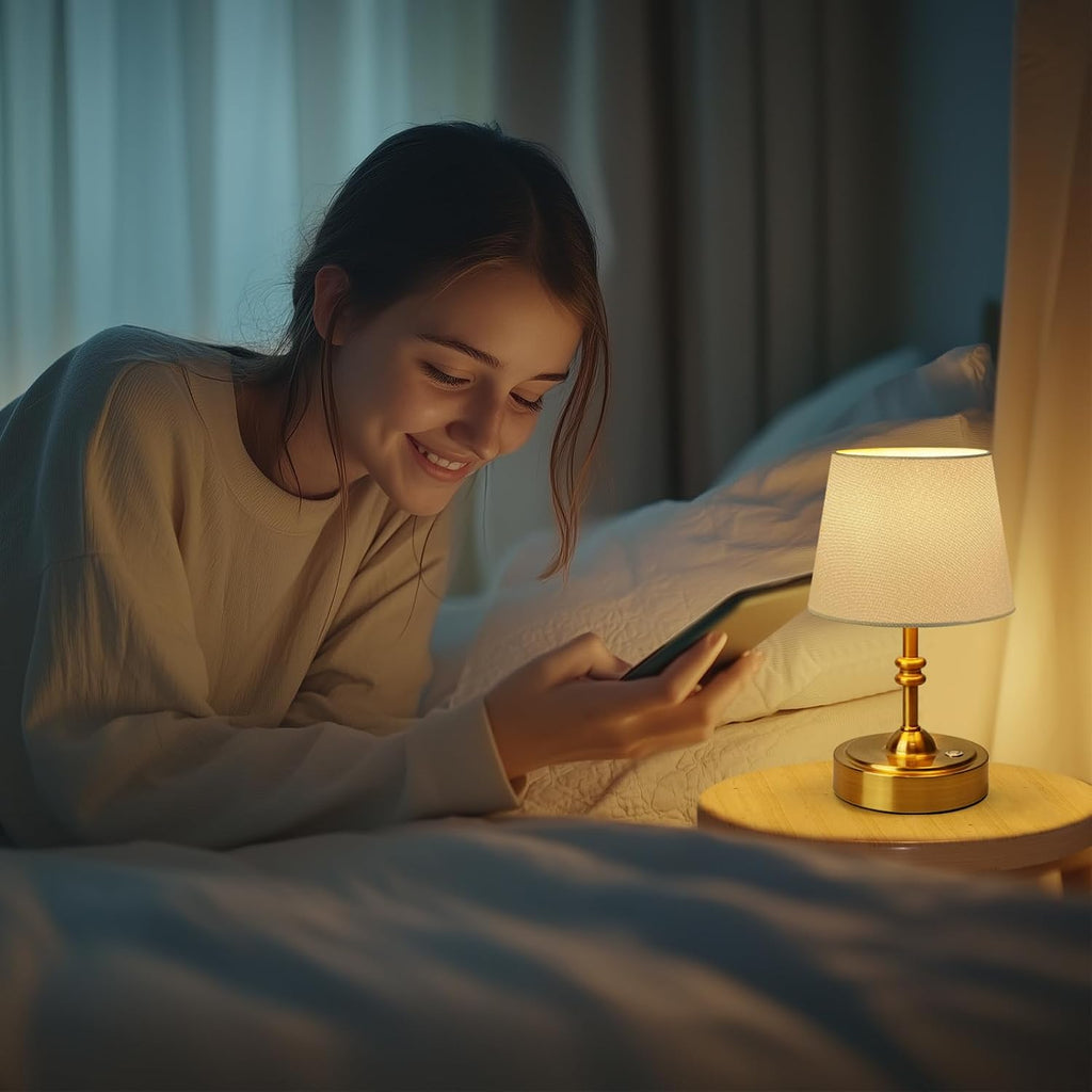 ONEWISH 2 Pack Small Cordless Lamps, Battery Operated Table lamp Dimmable, 4000mAh Rechargeable, Touch Bedside Lamp with White Fabric Shade, 2700K Bulb Included, for Dining, Patio, Bathroom(Gold)