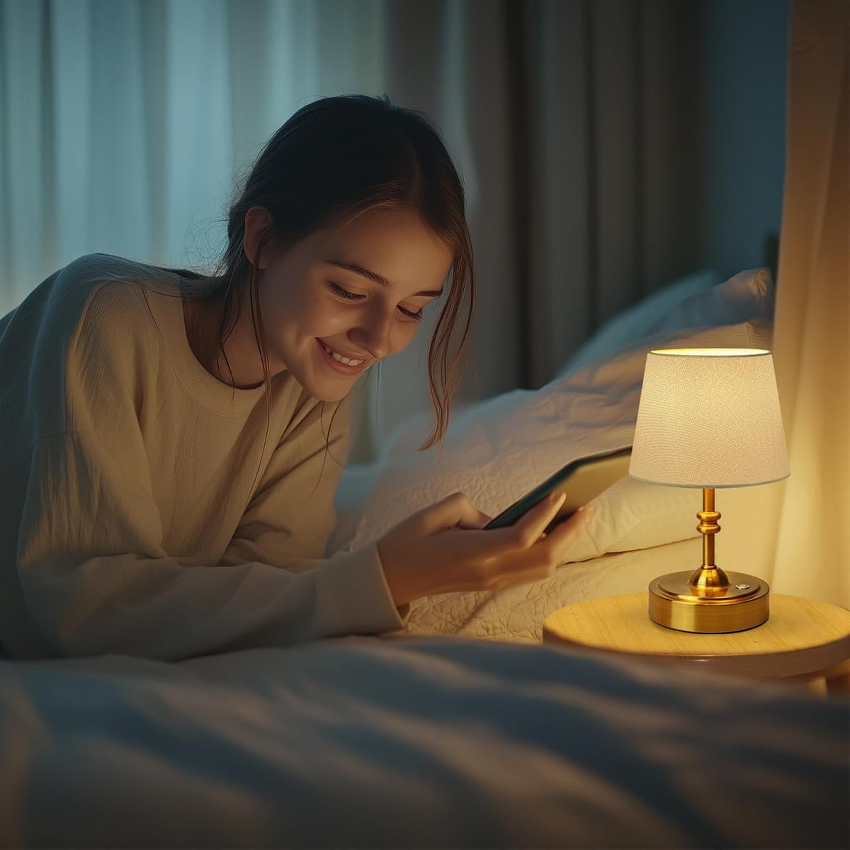 ONEWISH 2 Pack Small Cordless Lamps, Battery Operated Table lamp Dimmable, 4000mAh Rechargeable, Touch Bedside Lamp with White Fabric Shade, 2700K Bulb Included, for Dining, Patio, Bathroom(Gold)