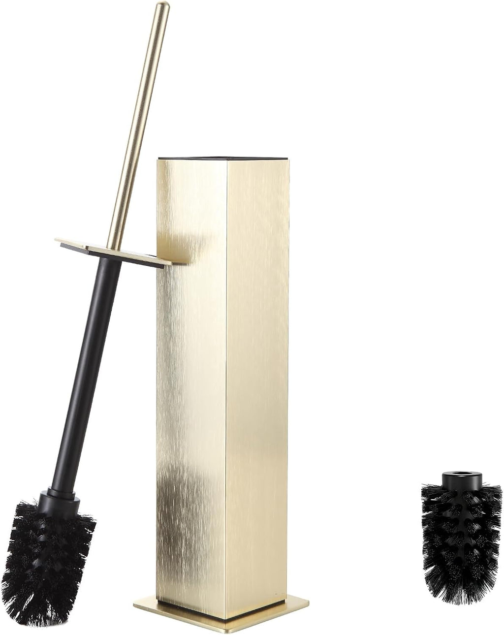BVL Toilet Brush and Holder Floor Standing, Brushed Gold with 2 Replaceable Heads, Bathroom Toilet Brush, Freestanding Toilet Bowl Brush with Removable Liner and Splash Guard