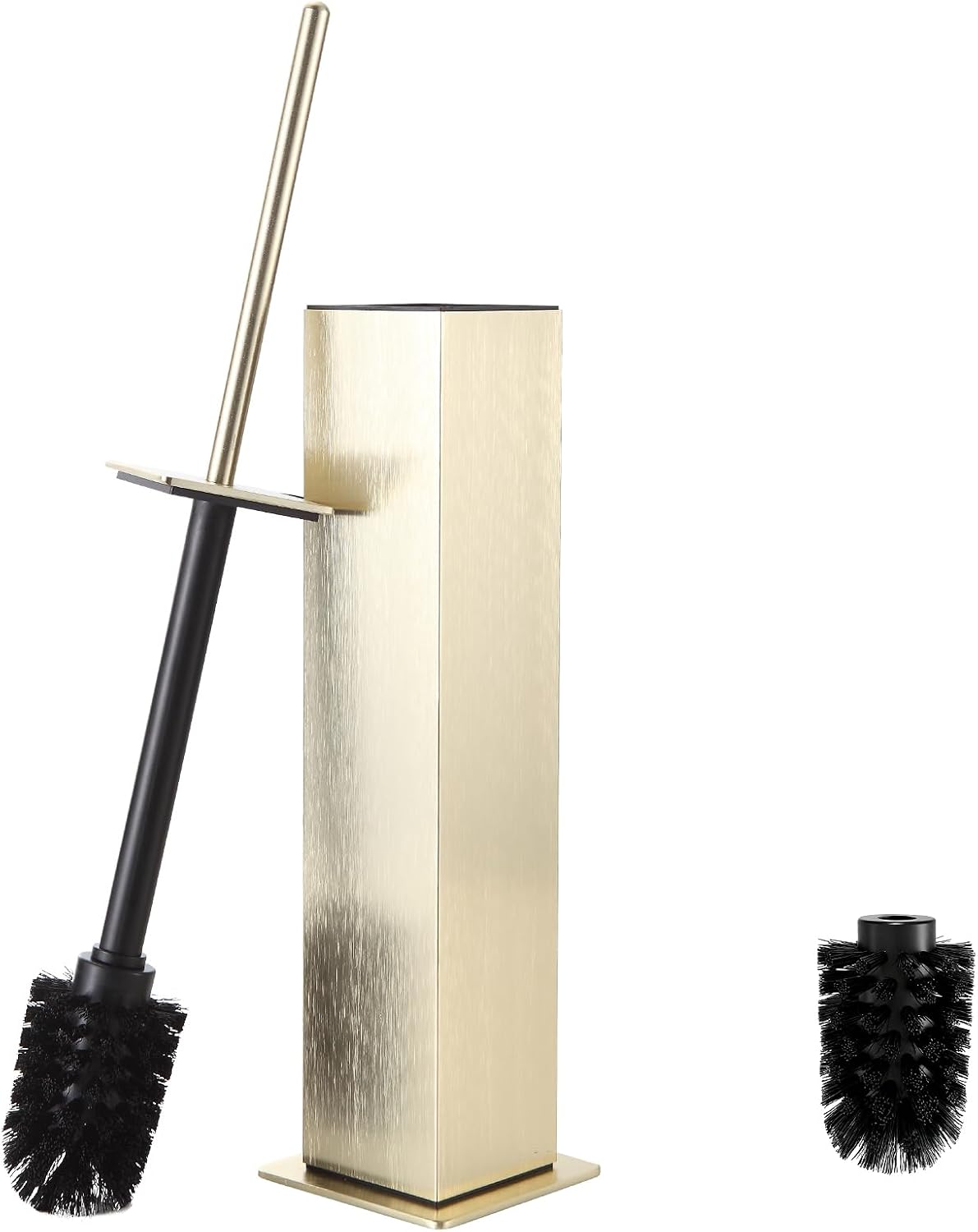 BVL Toilet Brush and Holder Floor Standing, Brushed Gold with 2 Replaceable Heads, Bathroom Toilet Brush, Freestanding Toilet Bowl Brush with Removable Liner and Splash Guard