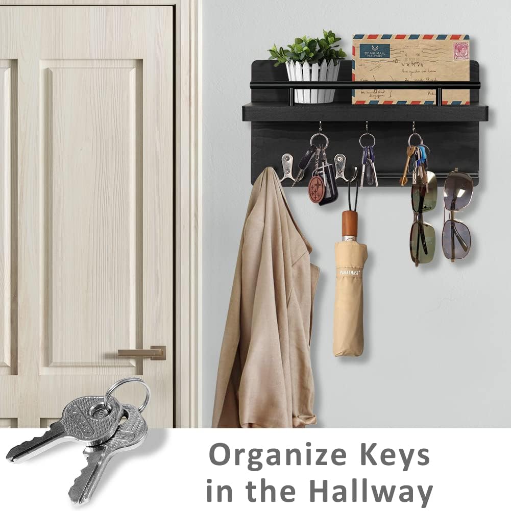 Wooden Wall Mounted Key Holder for Wall with Shelf &5 Key Hooks Home Decor