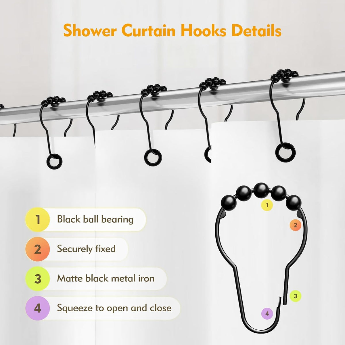 12 PCS Shower Curtain Hooks, Practical Black Shower Curtain Hooks