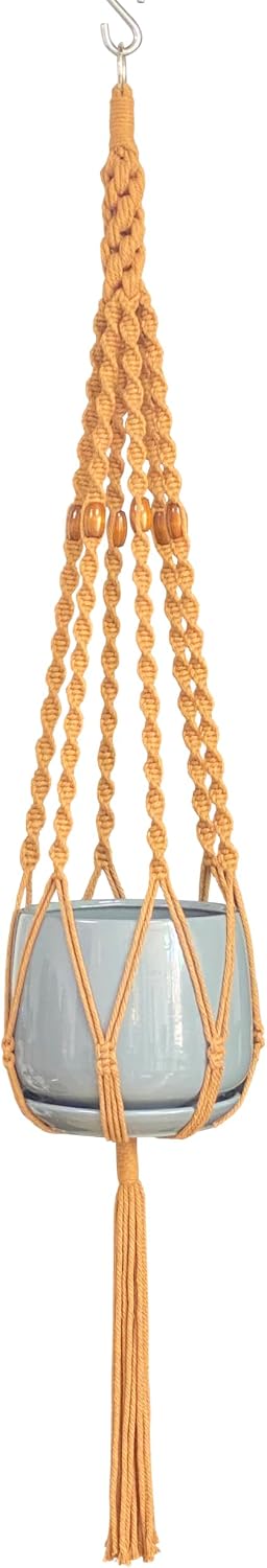 6 Legs Macrame Natural Brown Cotton Plant Hanger & Holder and Metal Ring, 51-inches Length (Without the White Pot and Plant) (Brown)