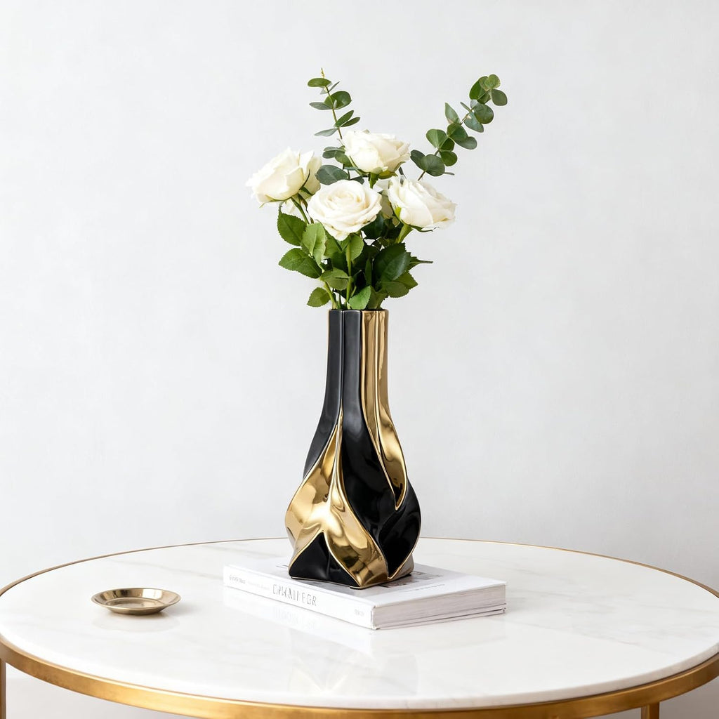 10.6 "Tall Black and Gold Ceramic Decor Vase, Modern Elegant Decor Home Vase for Living Room, Table Centerpiece, Desk, Office for Pampas Grass (Black Gold)