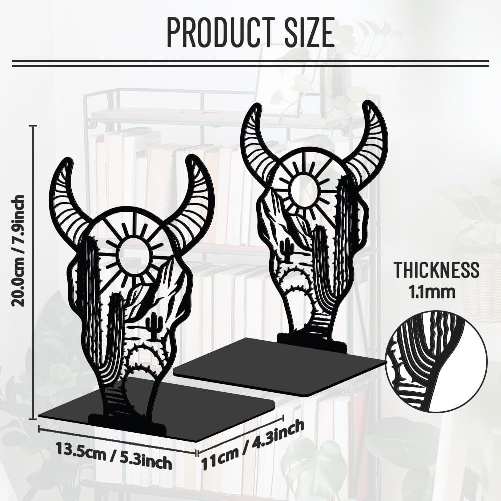 WADORN 1 Pair Western Cow Skull Metal Decorative Bookends, Vintage Cow Head Heavy Duty Book Stand Black Non-Skid Book Holder Stopper for Home Office School Library Desk Bookshelf Dorm Western Decor