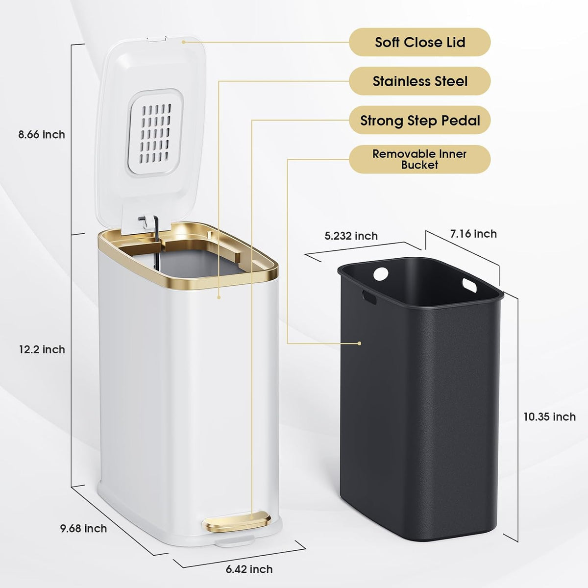 CEROELDA Small Bathroom Trash Can with Lid-5L/1.3 Gal-Soft Close Lid-White