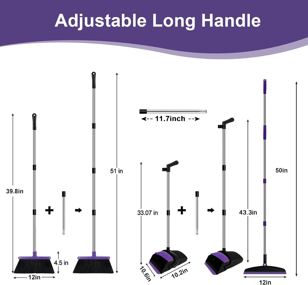 Broom and Dustpan Combo Set, 51" Long Handle Broom with Squeegee