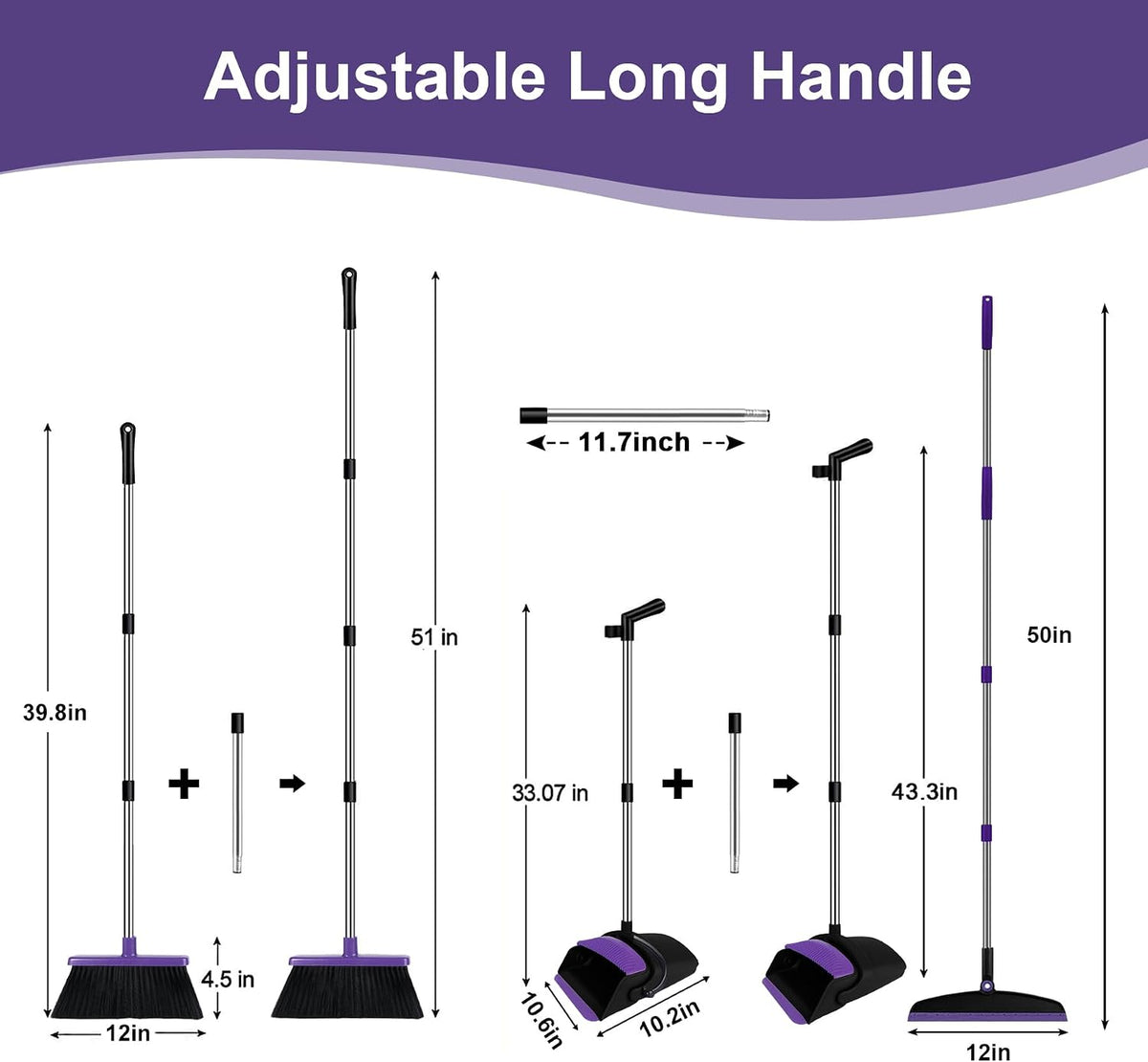 Broom and Dustpan Combo Set, 51" Long Handle Broom with Squeegee
