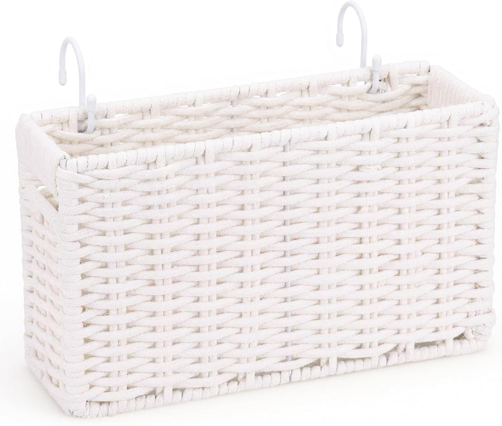Cotton Rope Woven Bedside Caddy for Dorm Bed, Foldable Bedside Shelf Bunk Bed Accessories, College Dorm Room Essentials Hanging Organizers Storage Basket, Room Decor Magazine File Holder (White)