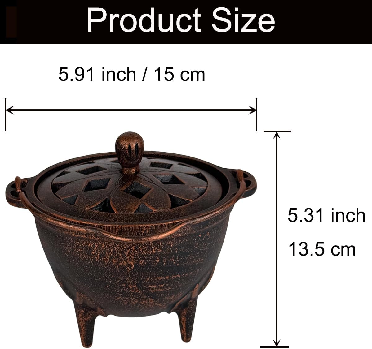 YIMIFLA Incense Burner Holder with Lid and Handle Cast Iron Cauldron 4.9" Frankincense Resin Charcoal Incense Burner Great for Yoga, Spa Aromatherapy, Smudging, Ritual & Blessings (Red Bronze)