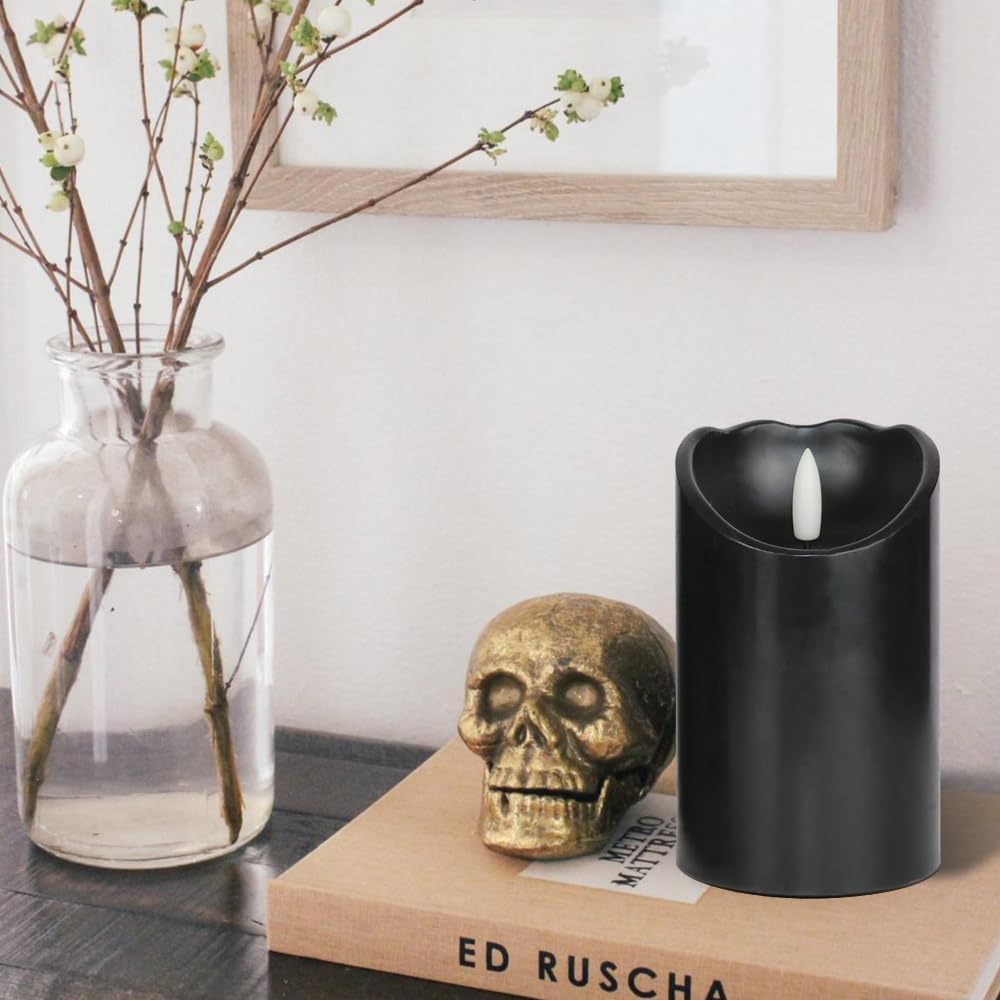 Halloween Black Flameless LED Pillar Candles Flickering with Timer