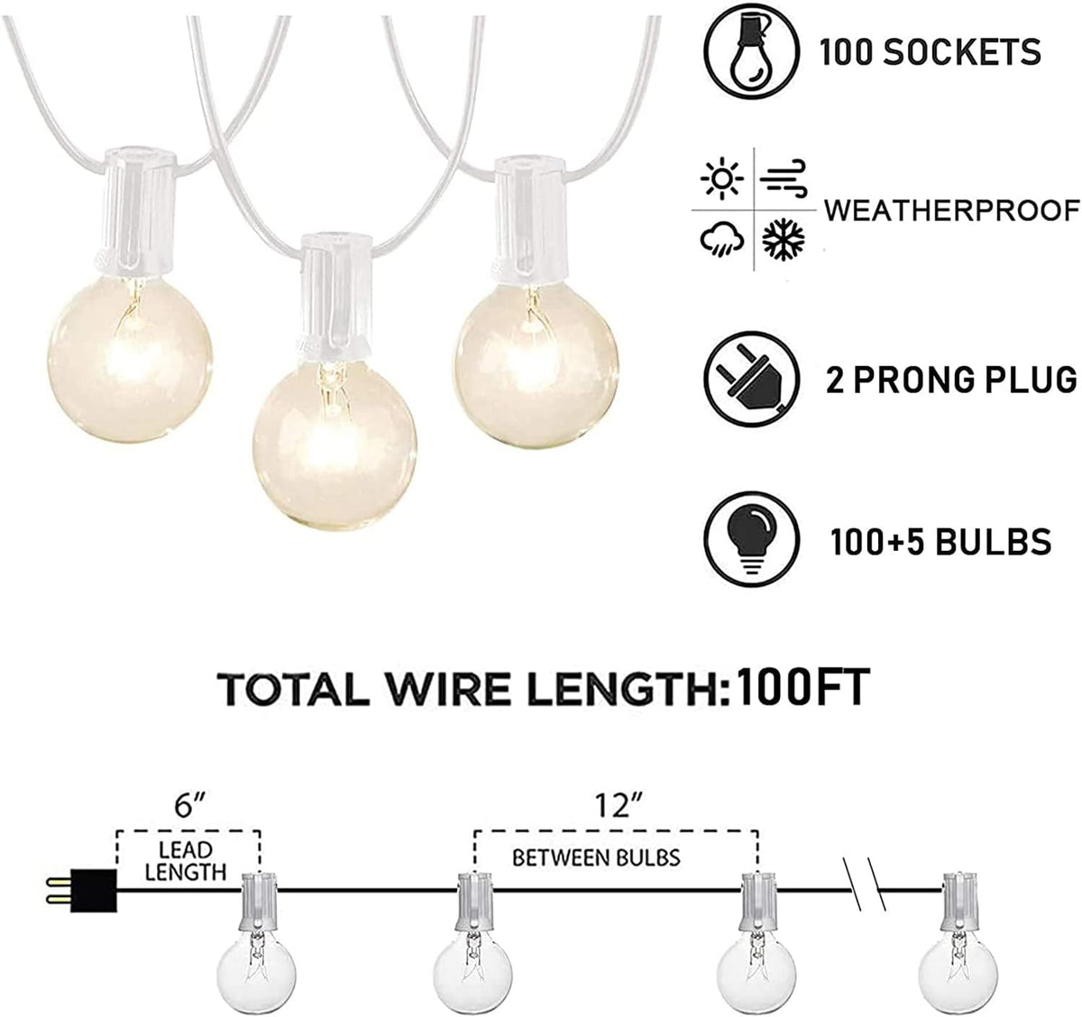 Afirst White String Lights 100FT Outdoor Patio Lights with 105 Globe Bulbs Waterproof Hanging Light for Backyard Party Wedding Lighting