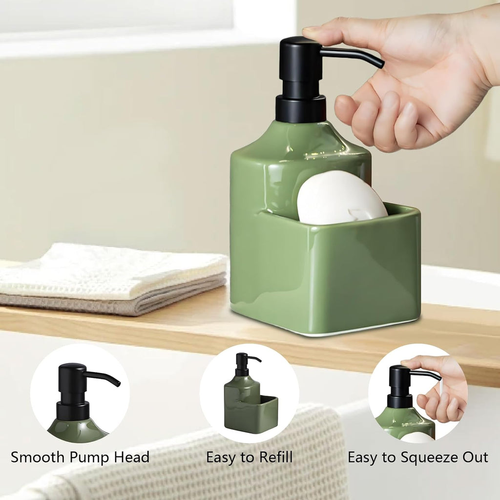 Gets Soap Dispenser Green Ceramic Pump Bottle with Storage Holder