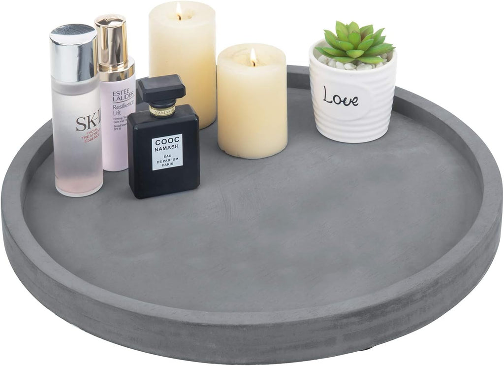 MyGift 16 Inch Round Gray Concrete Decorative Tray for Bathroom Vanity Counter, Living Room Coffee Table or Ottoman, Kitchen Countertop Decor, Candle Holder