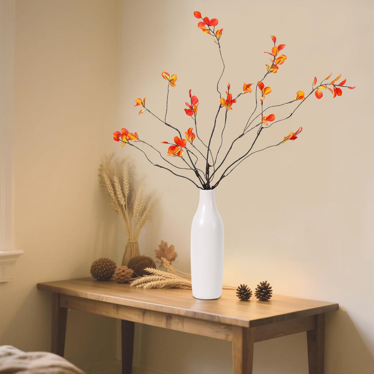 5Pcs Fall Stems Artificial Ficus Branches with Vases,Fall Faux Eucalyptus Stems in Flower Vase,Yellow Fake Plant leaves for Thanksgiving Autumn Home Bedroom Decor Centerpiece Table Decoration