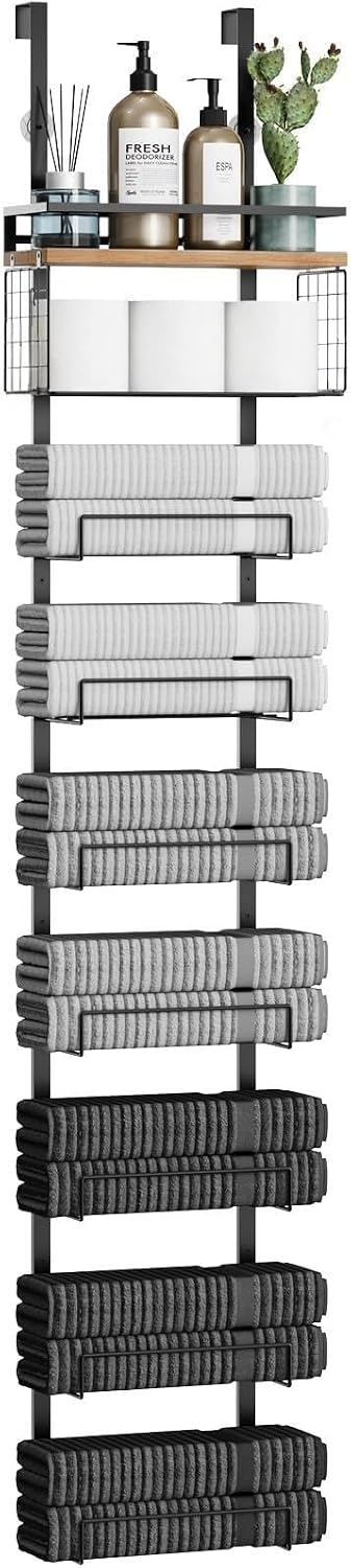 Aetyord Towel Racks for Bathroom Over The Door Towel Racks Towel Storage Organizer with Metal Shelf Basket for Bathroom Rv Camper (9-Tier Black with Wood Plank)