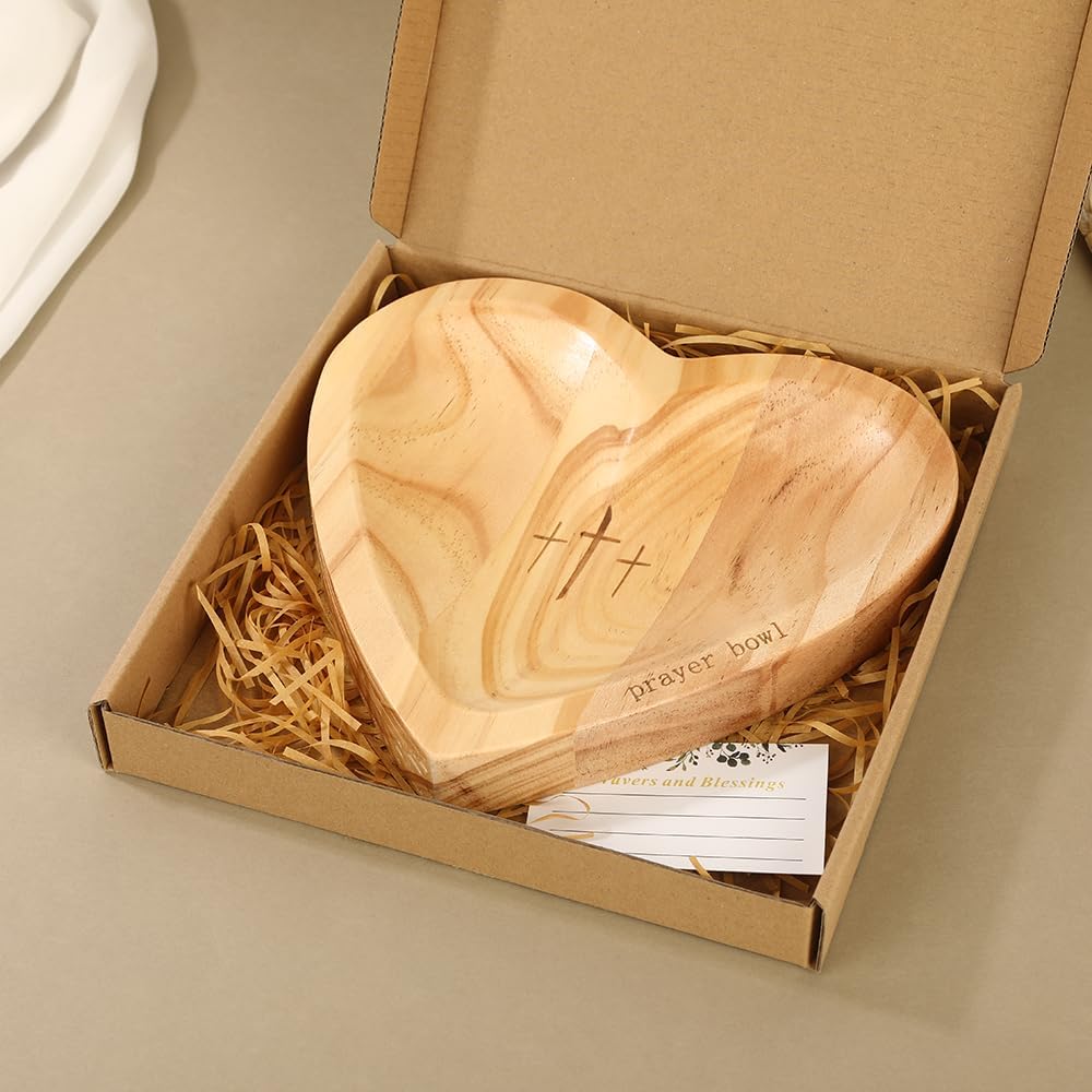 Heart-Shaped Wooden Prayer Bowl Plate with Engraved Cross and Prayer Cards, Thanksgiving Christmas Home Decor Gift
