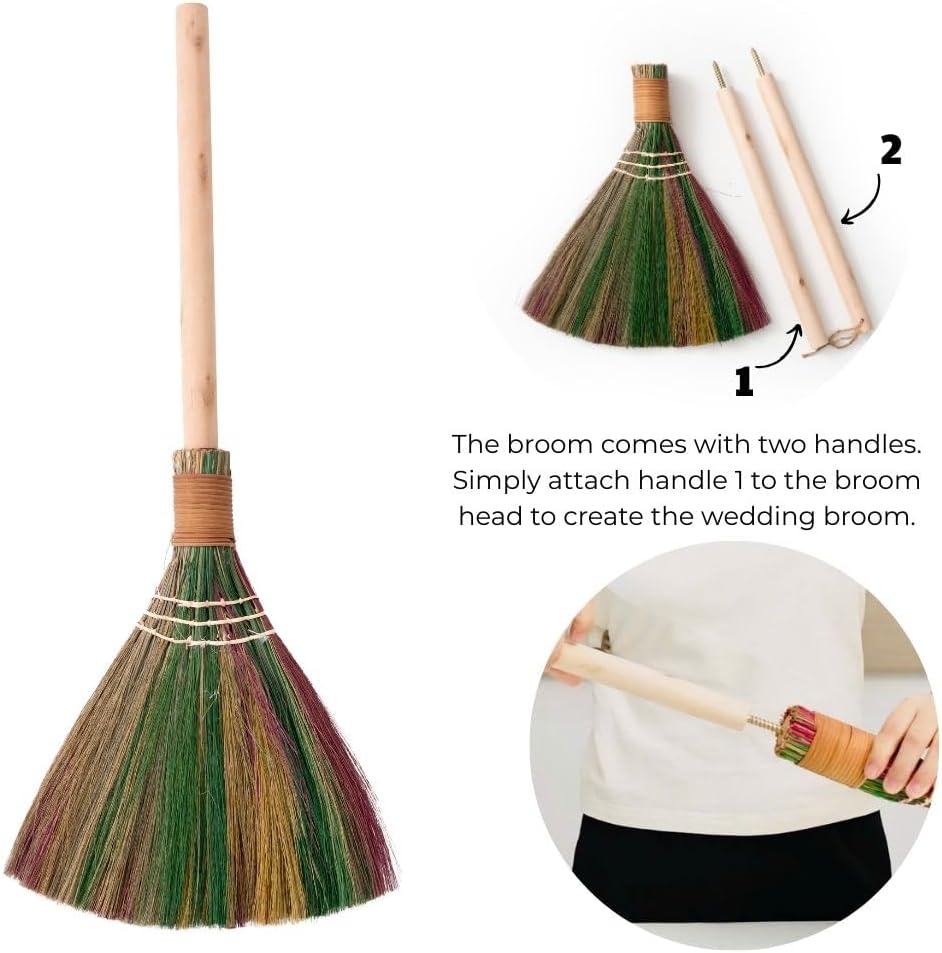 Elegant Wedding Brooms Bride Bridegroom, Jumping The Broom for Wedding, Natural Whisk Broom with Ribbons, Artificial Pearl, Leaves,Roses for Decorative