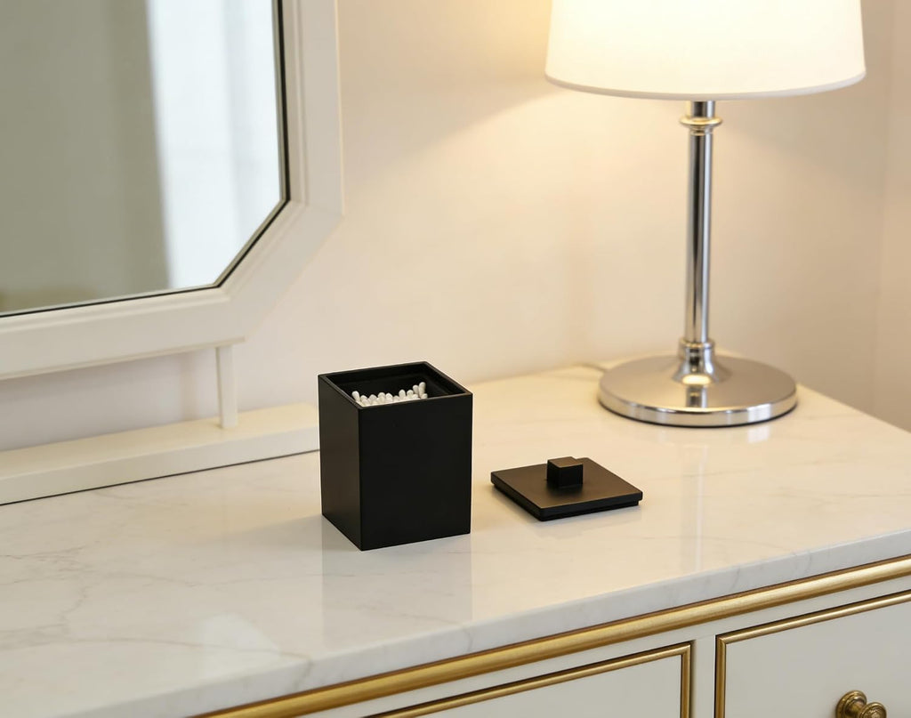 Square Cotton Swab Holder with Lid, Matte Black Qtip Holder Bathroom
